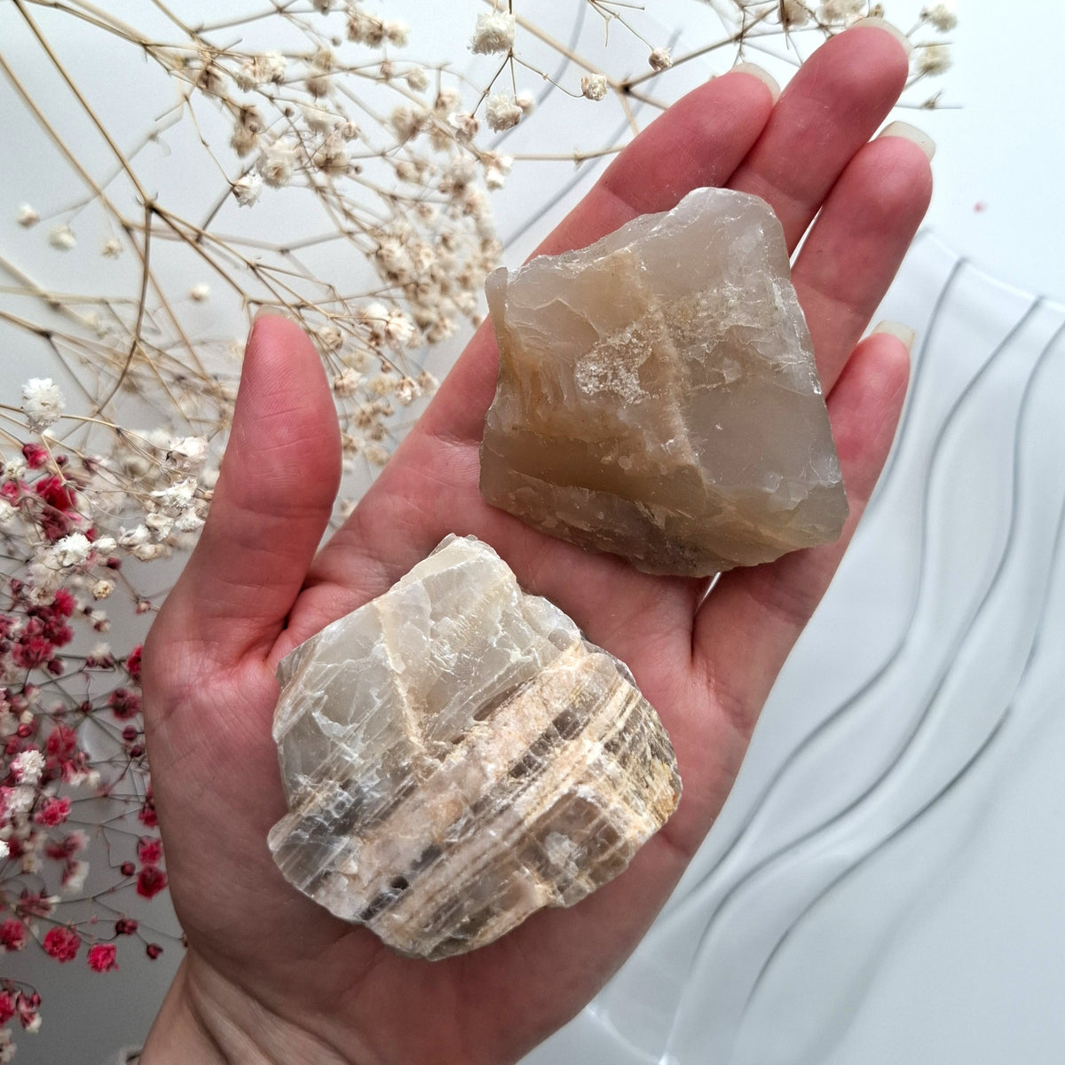 Light rough moonstone pieces held in a hand, photographed against a white background with flowers